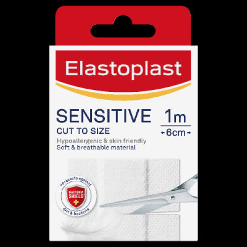 Elastoplast Sensitive Dressing roll, hypoallergenic and latex-free, ideal for gentle care of cuts and wounds on sensitive skin.