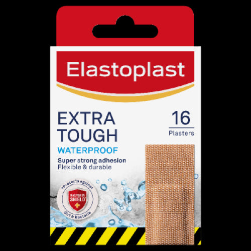 Elastoplast Extra Tough Waterproof Plasters 16-pack, durable, flexible, waterproof with strong adhesion for active lifestyles.