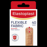 Elastoplast Flexible Fabric Strips 40pk, water-resistant plasters for cuts, offering flexibility, comfort, and effective wound protection.