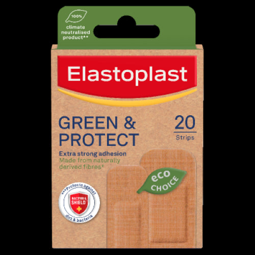 Eco-friendly Elastoplast Green & Protect Plaster Strips pack of 20, featuring strong adhesion and breathable material for wound safety.