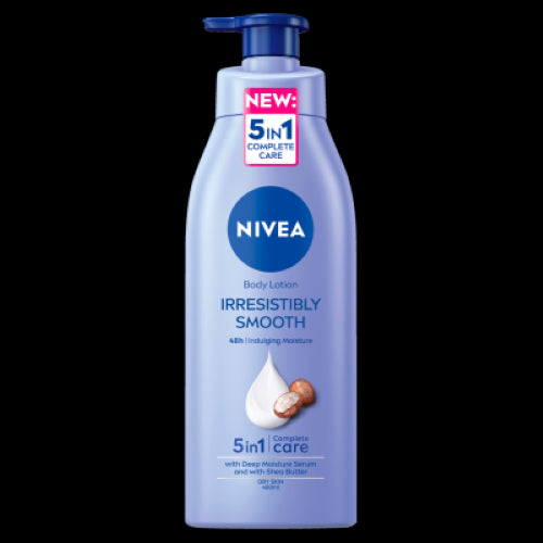 Nivea Irresistibly Smooth Body Lotion 400ml, enriched with Shea Butter for 48-hour hydration and luminous, touchably soft skin.