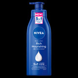 Nivea Rich Nourishing Body Lotion 400ml, deeply moisturizing with almond oil and Nivea Deep Moisture Serum for 48-hour hydration.