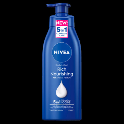 Nivea Rich Nourishing Body Lotion 400ml with 2x almond oil for deep, lasting hydration and smooth, radiant skin.
