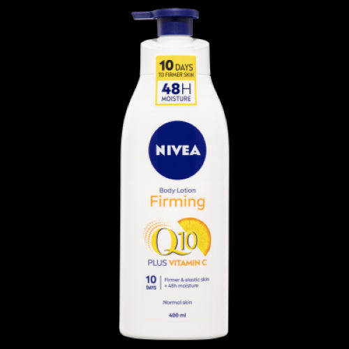 Nivea Firming Q10 Plus Vitamin C Body Lotion 400ml, a lightweight formula for firm, hydrated, and youthful skin in 10 days.