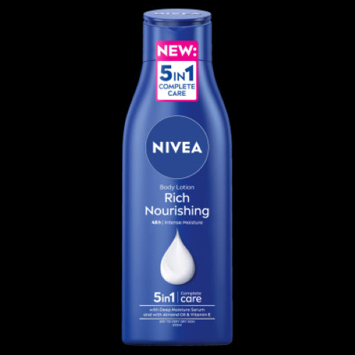 NIVEA Rich Nourishing Body Lotion 250ml provides deep hydration with moisturizing oils, ideal for soft, nourished skin.