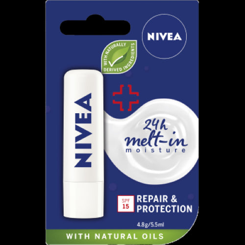 Nivea Repair & Protection SPF15 Lip Balm in a 4.8g stick, providing hydration, relief, and sun protection for dry lips.