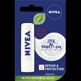 Nivea Repair & Protection SPF15 Lip Balm in a 4.8g stick, providing hydration, relief, and sun protection for dry lips.