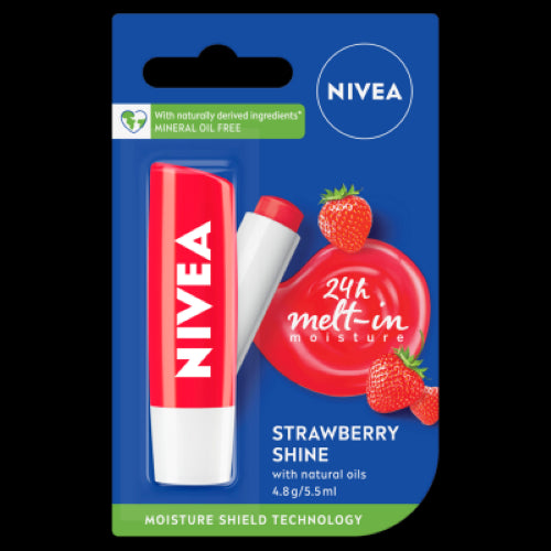 Nivea Strawberry Shine Lip Balm with a sweet aroma and red tint, providing 24-hour hydration and shimmer for soft, radiant lips.