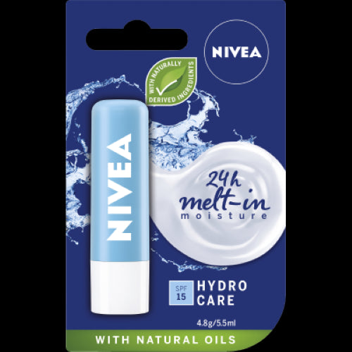 Nivea Hydro Care SPF15 Lip Balm in 4.8g, providing 24-hour hydration and sun protection with natural oils and shea butter.