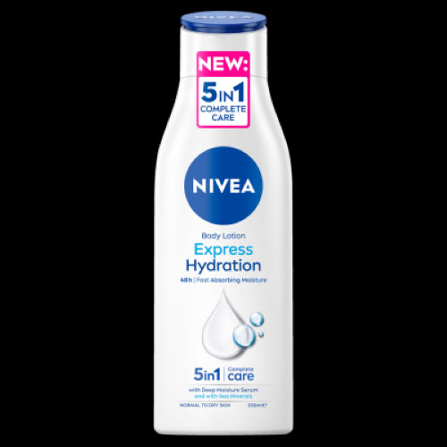 Nivea Express Hydration Lotion 250ml, lightweight formula for deep, long-lasting hydration, ideal for all skin types.