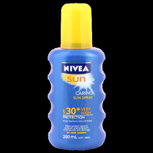 Nivea Caring Sunscreen Spray SPF30+ in a 200ml bottle, providing lightweight, non-greasy UV protection with Vitamin E.