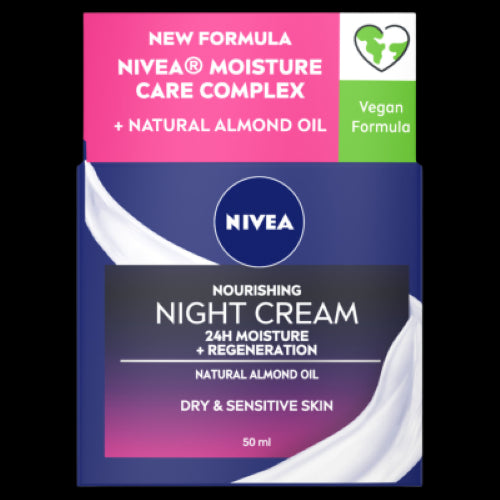 Nivea Nourishing Night Cream 50ml, rich in Shea Butter, hydrates and rejuvenates dry, sensitive skin overnight.