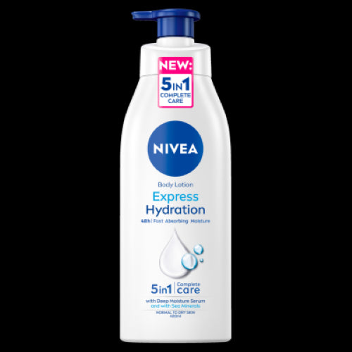 Nivea Express Hydration Body Lotion 400ml for intense 48-hour hydration, ideal for dry and sensitive skin with quick absorption.