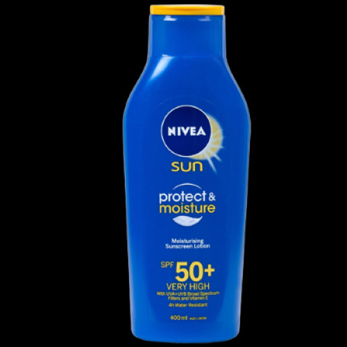 Nivea Moisturising Sunscreen Lotion SPF50+, 400ml, offers UVA/UVB protection and 24-hour hydration with Vitamin E and Panthenol.