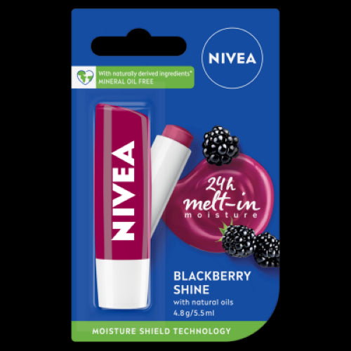 Nivea Blackberry Shine Lip Balm, hydrating with a subtle tint and blackberry scent, ideal for soft, moisturized lips.