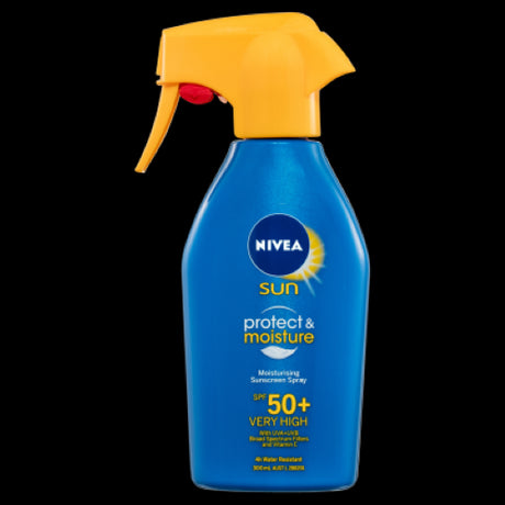 Nivea Sun Moisture & Protect SPF50+ sunscreen spray offers high UV protection and hydration for outdoor activities, 300ml.