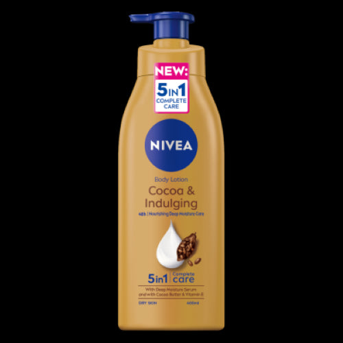 Nivea Cocoa & Indulging Body Lotion 400ml, enriched with cocoa butter and Vitamin E for deep, long-lasting skin hydration.