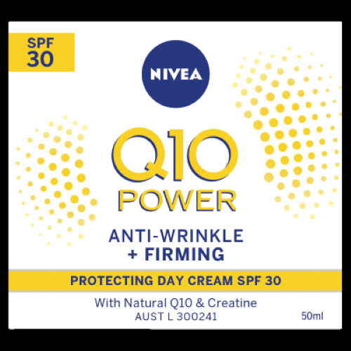 Nivea Q10 Power Day Cream SPF30 in a 50ml jar, fights wrinkles, firms skin, and offers sun protection with hydration.