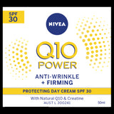 Nivea Q10 Power Day Cream SPF30 in a 50ml jar, fights wrinkles, firms skin, and offers sun protection with hydration.