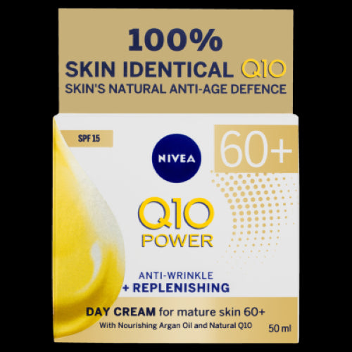 Nivea Q10 Power Day Cream SPF 15 in a 50ml jar, designed for dry skin; hydrates, nourishes, and reduces wrinkles effectively.