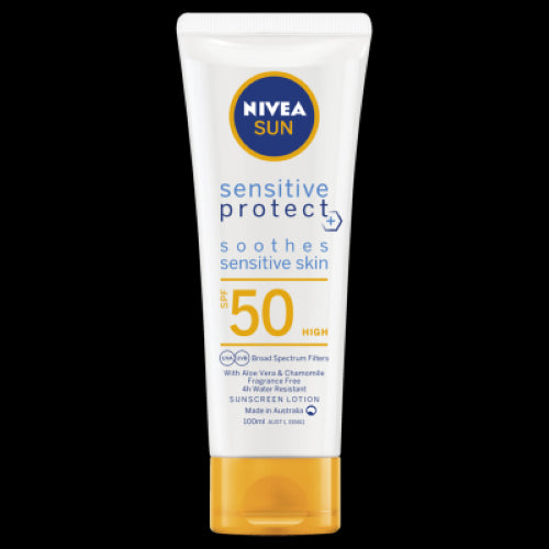 Nivea Sensitive Protect Sunscreen Lotion SPF50 in a 100ml bottle, ideal for sensitive skin with Aloe Vera, Chamomile, and Vitamin E.