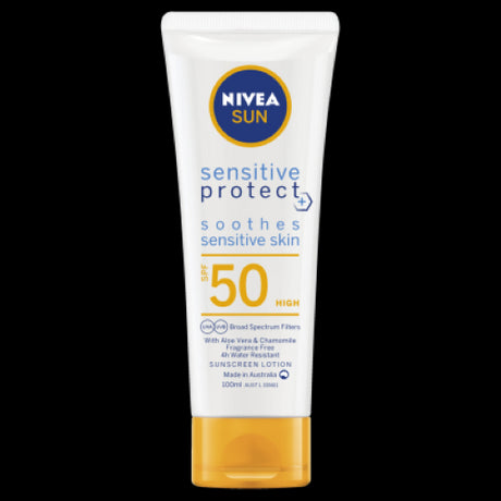 Nivea Sensitive Protect Sunscreen Lotion SPF50 in a 100ml bottle, ideal for sensitive skin with Aloe Vera, Chamomile, and Vitamin E.