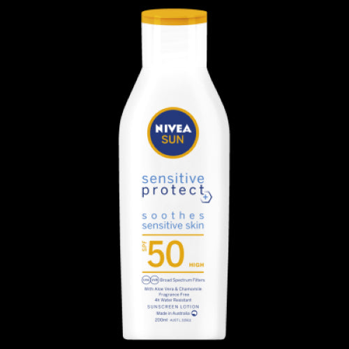 Nivea Sensitive Protect Sunscreen Lotion SPF50 in 200ml, for sensitive skin, offers broad-spectrum UVA/UVB protection and hydration.