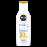 Nivea Sensitive Protect Sunscreen Lotion SPF50 in 200ml, for sensitive skin, offers broad-spectrum UVA/UVB protection and hydration.