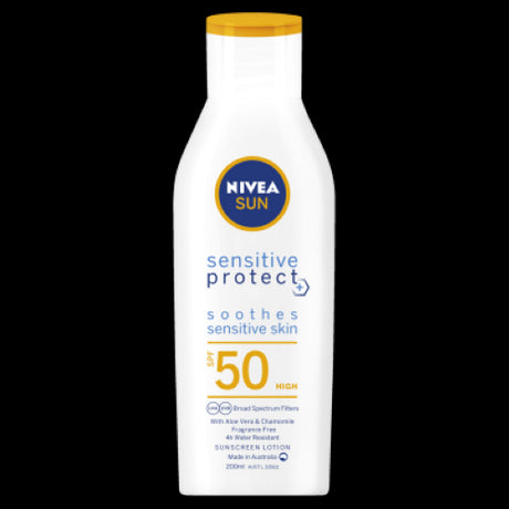 Nivea Sensitive Protect Sunscreen Lotion SPF50 in 200ml, for sensitive skin, offers broad-spectrum UVA/UVB protection and hydration.