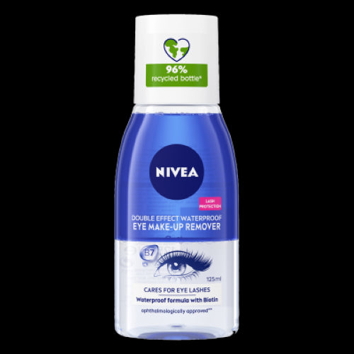 Nivea Double Effect Waterproof Eye Make-Up Remover: gentle bi-phase formula in 125ml, removes stubborn makeup without rubbing.