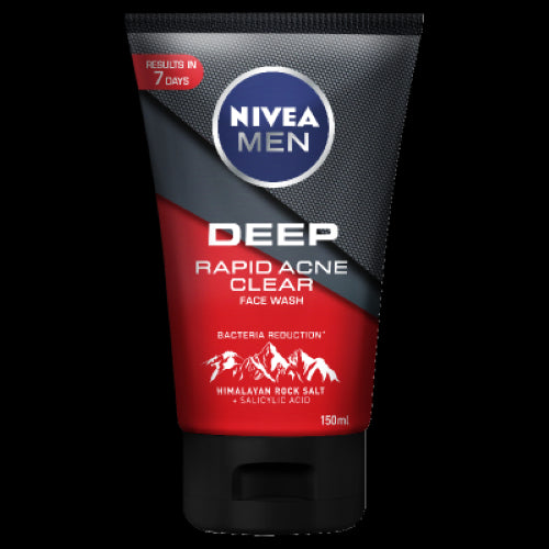 NIVEA MEN Deep Rapid Acne Clear Face Wash, 150ML: acne-fighting cleanser with Himalayan Rock Salt and Salicylic Acid for clearer skin.