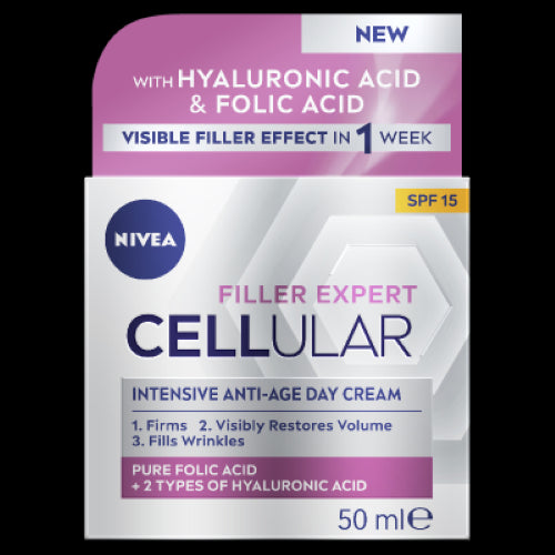 Nivea Cellular Filler Expert Day Cream, 50ml, fights aging with hyaluronic acid, SPF15 protection, and visible plumping effects.
