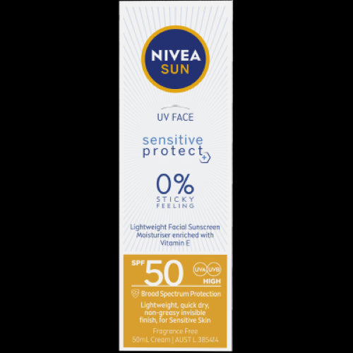 Nivea UV Face Sensitive Protect Sunscreen SPF50 in 50ml, ideal for sensitive skin, offers lightweight, non-greasy UVA/UVB protection.