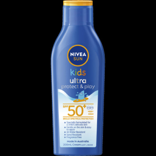 Nivea Kids Ultra Protect & Play Sunscreen SPF50+ in a 200ml bottle, designed for sensitive skin with high UV protection.