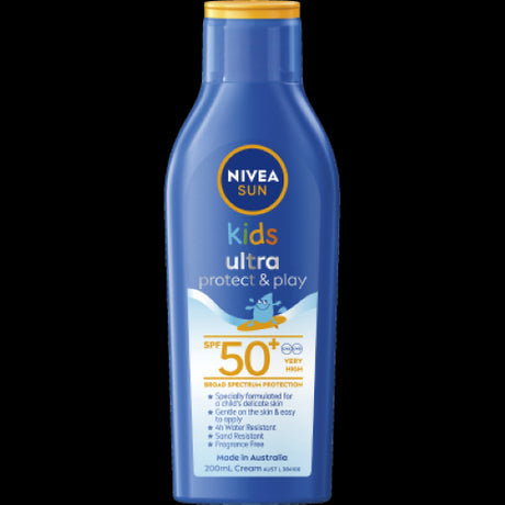 Nivea Kids Ultra Protect & Play Sunscreen SPF50+ in a 200ml bottle, designed for sensitive skin with high UV protection.