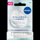 Nivea Hyaluron Lip Balm 5.2g tube, designed for 24-hour hydration with Hyaluronic Acid and menthol for fresh, smooth lips.