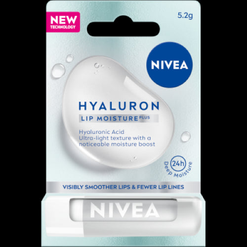 Nivea Hyaluron Lip Moisture Plus Lip Balm, 5.2g, infused with hyaluronic acid for 24-hour hydration and smoother lips.