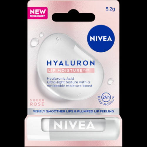 Nivea Hyaluron Lip Moisture Plus Lip Balm in sheer rose, providing 24-hour hydration and a refreshing, natural tint.