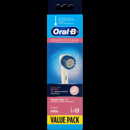 Oral-B Sensitive Clean Replacement Brush Heads 6pk with extra-soft bristles for gentle, effective teeth cleaning.