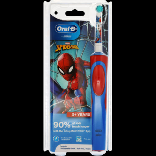 Oral-B Spiderman soft toothbrush for kids 3+, featuring gentle bristles and a fun design for effective dental care.