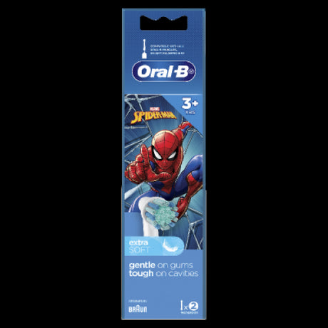 Oral-B Stages Power Spiderman toothbrush heads for kids, designed for gentle cleaning and fun brushing experiences.