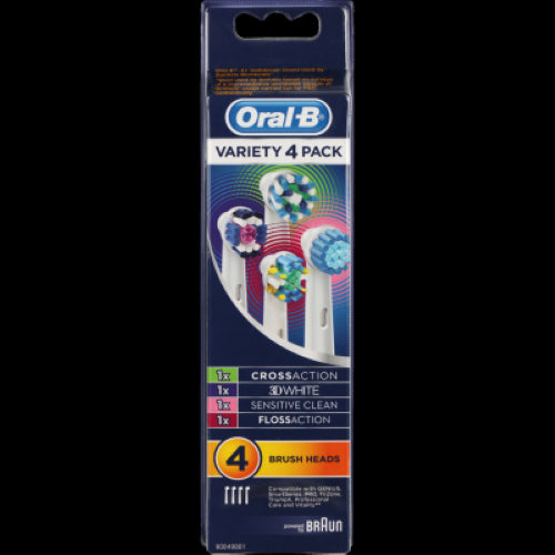 Oral-B Variety Pack Brush Heads 4pk featuring CrossAction, Precision Clean, and 3D White for superior plaque removal and oral care.