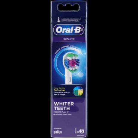 Oral-B 3D White Brush Heads 3pk, designed for effective plaque removal and teeth whitening, compatible with various Oral-B toothbrushes.