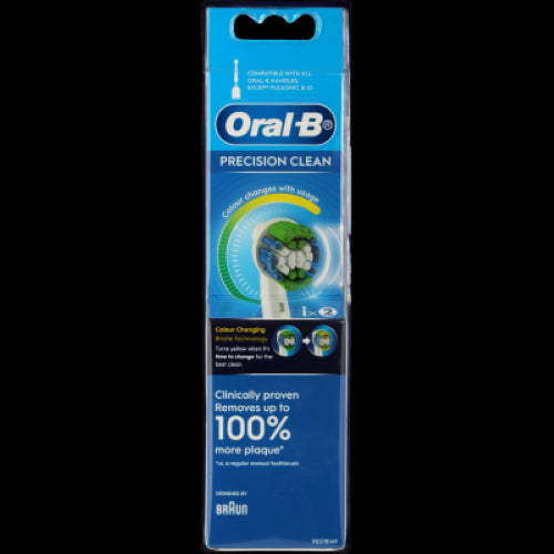 Oral-B Precision Clean Replacement Brush Heads 2pk for enhanced plaque removal and healthier gums, compatible with Oral-B rechargeable brushes.