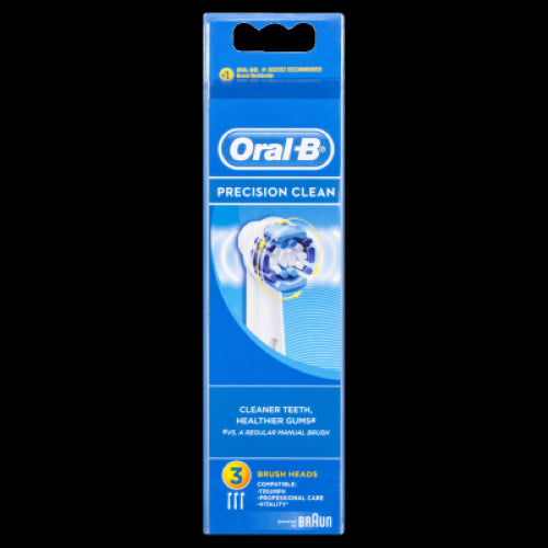 Oral-B Precision Clean brush heads 3pk designed for superior plaque removal and healthier gums, compatible with Oral-B toothbrushes.