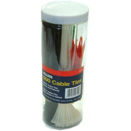 Industrial-grade cable ties in a reusable tube, featuring 300 colored 100mm and 200 black/natural 200mm ties for versatile bundling.