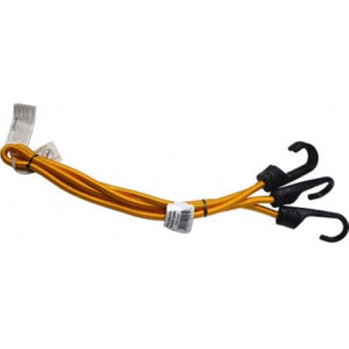 Yellow bungee cords with durable injection-moulded hooks for securing tarps and canopies, 2-pack, 750mm length.