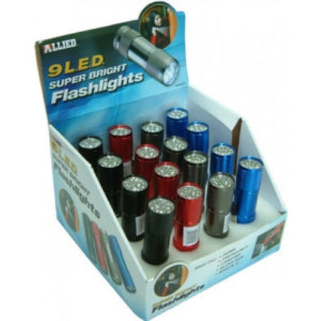 Compact 9-LED flashlight powered by 3 AAA batteries, perfect for emergencies and outdoor activities.