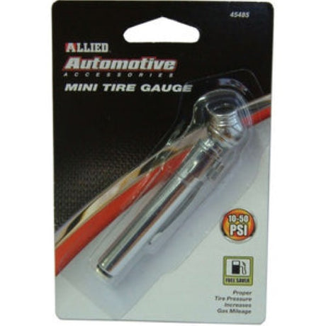 Compact mini tyre gauge for accurate pressure readings up to 50 PSI, perfect for cars and motorcycles, portable design.