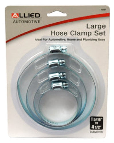 Hose Clip Set 4-Pc #45497 by Allied, durable zinc-plated clamps for hoses 33mm to 110mm, ideal for home and automotive use.